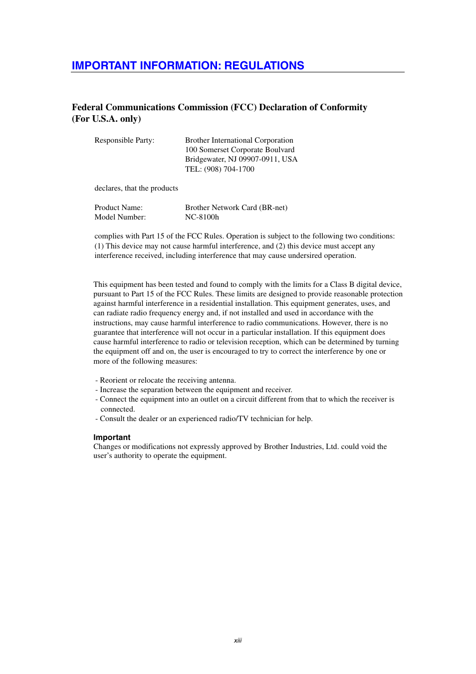 Important information: regulations, Xiii | Brother NC8100H User Manual | Page 13 / 181