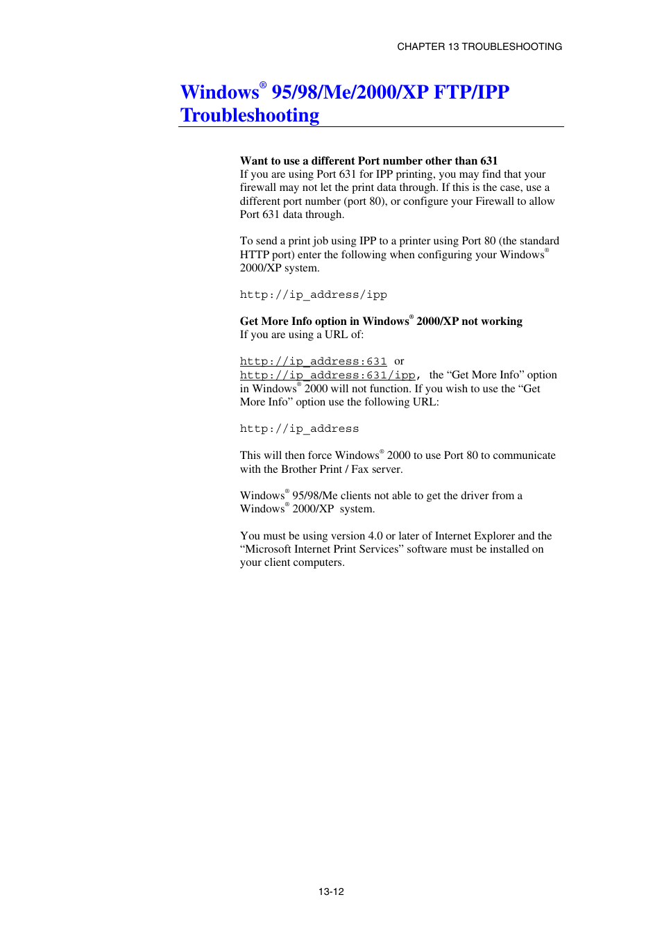 Windows ® 95/98/me/2000/xp ftp/ipp troubleshooting, Windows, 95/98/me/2000/xp ftp/ipp troubleshooting | Brother NC8100H User Manual | Page 138 / 181