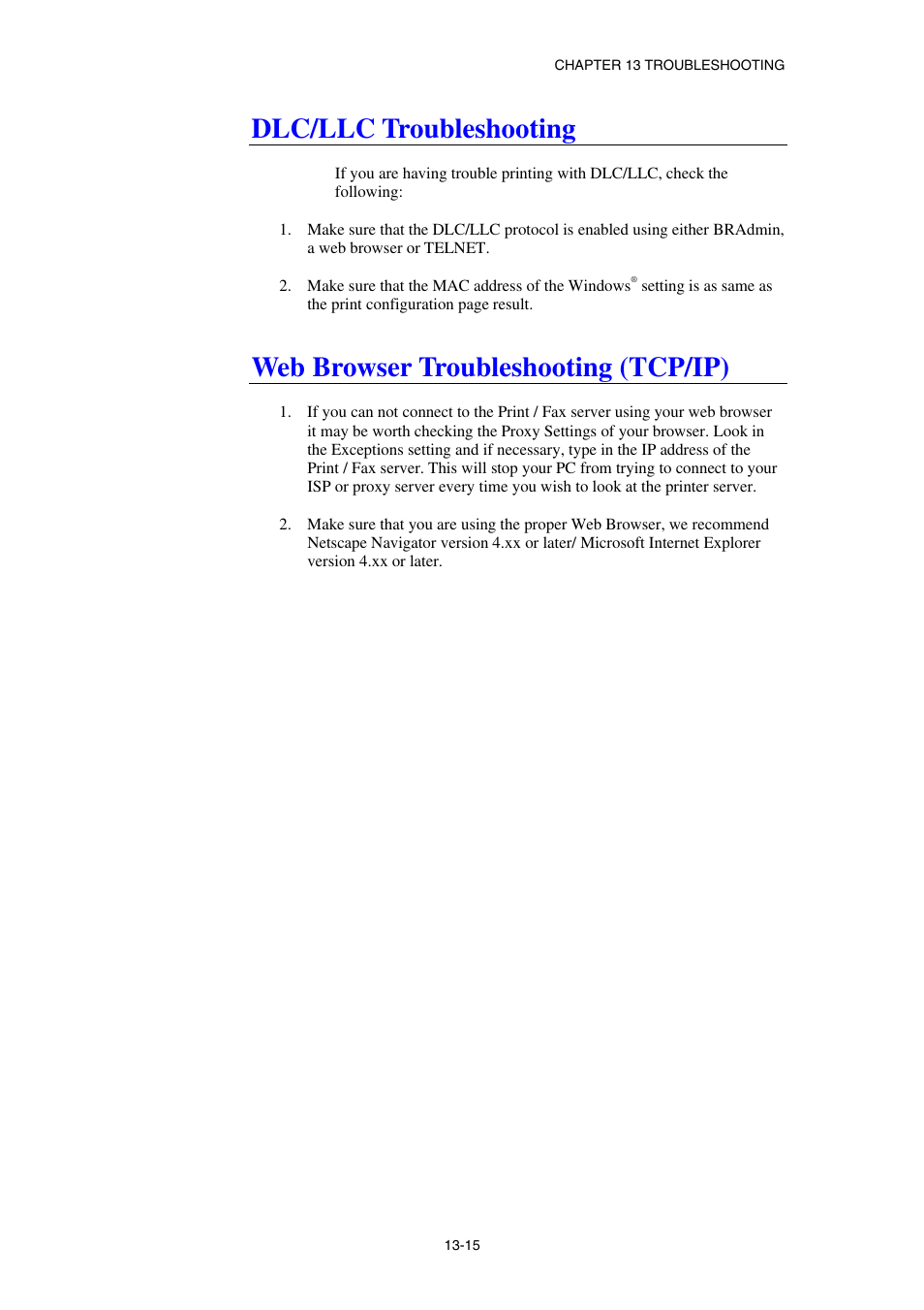 Dlc/llc troubleshooting, Web browser troubleshooting (tcp/ip) | Brother NC8100H User Manual | Page 141 / 181