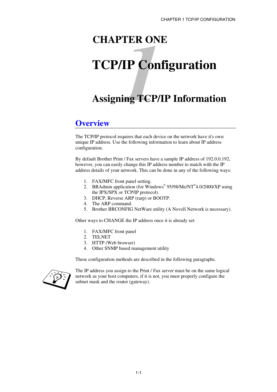 Overview, Tcp/ip configuration, Chapter one | Assigning tcp/ip information | Brother NC8100H User Manual | Page 15 / 181