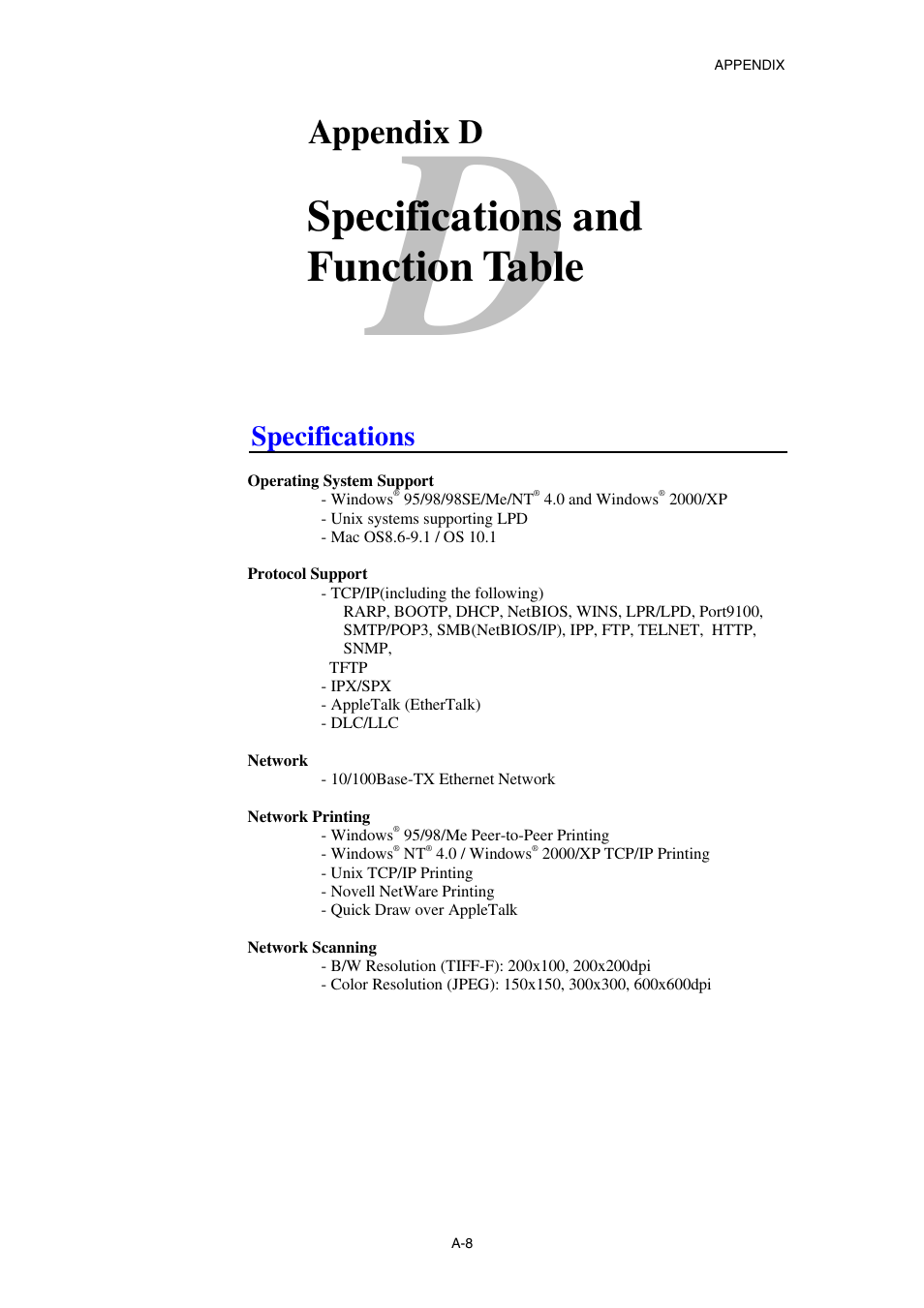 Appendix d specifications and function, Specifications, Appendix d specifications and function table | Specifications and function table, Appendix d | Brother NC8100H User Manual | Page 177 / 181