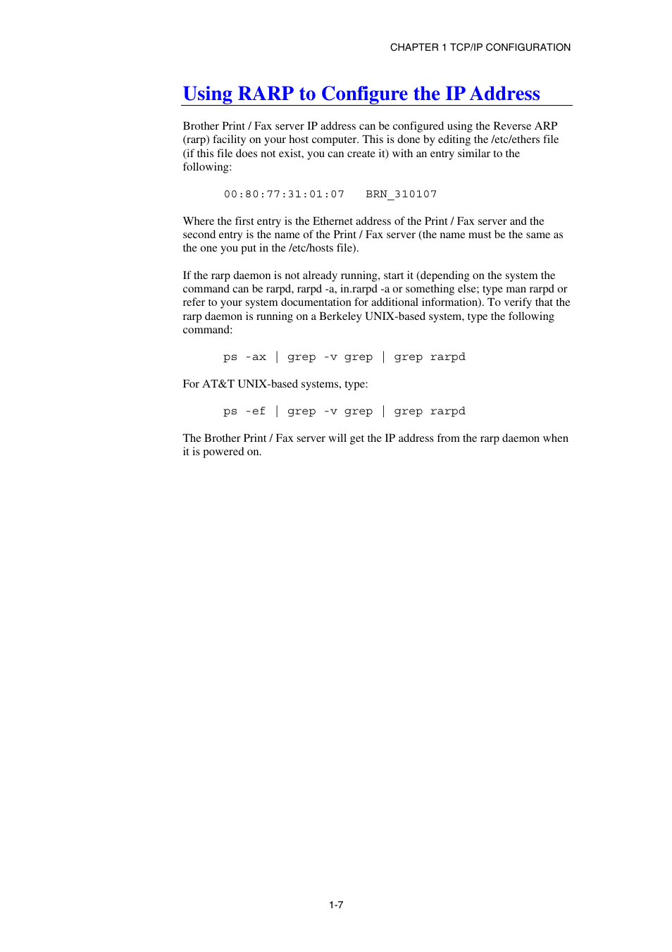 Using rarp to configure the ip address | Brother NC8100H User Manual | Page 21 / 181