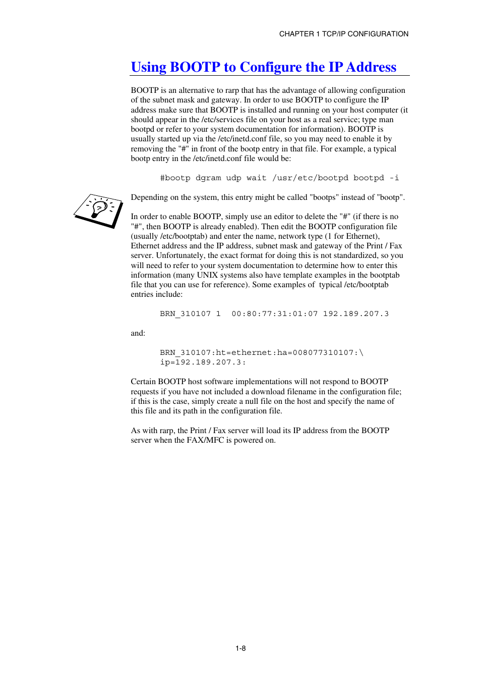 Using bootp to configure the ip address | Brother NC8100H User Manual | Page 22 / 181