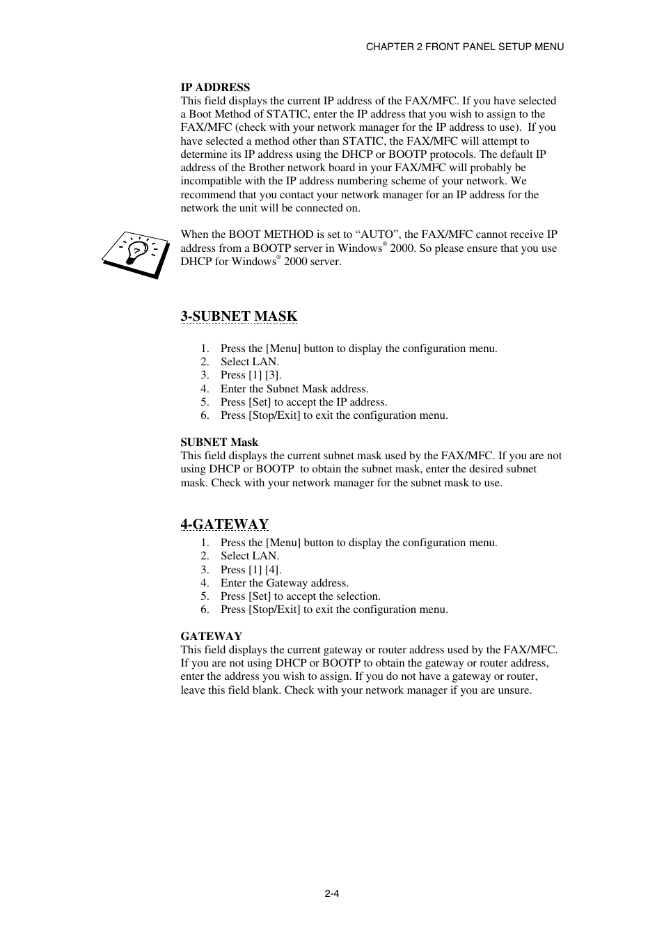 Subnet mask, Gateway | Brother NC8100H User Manual | Page 27 / 181