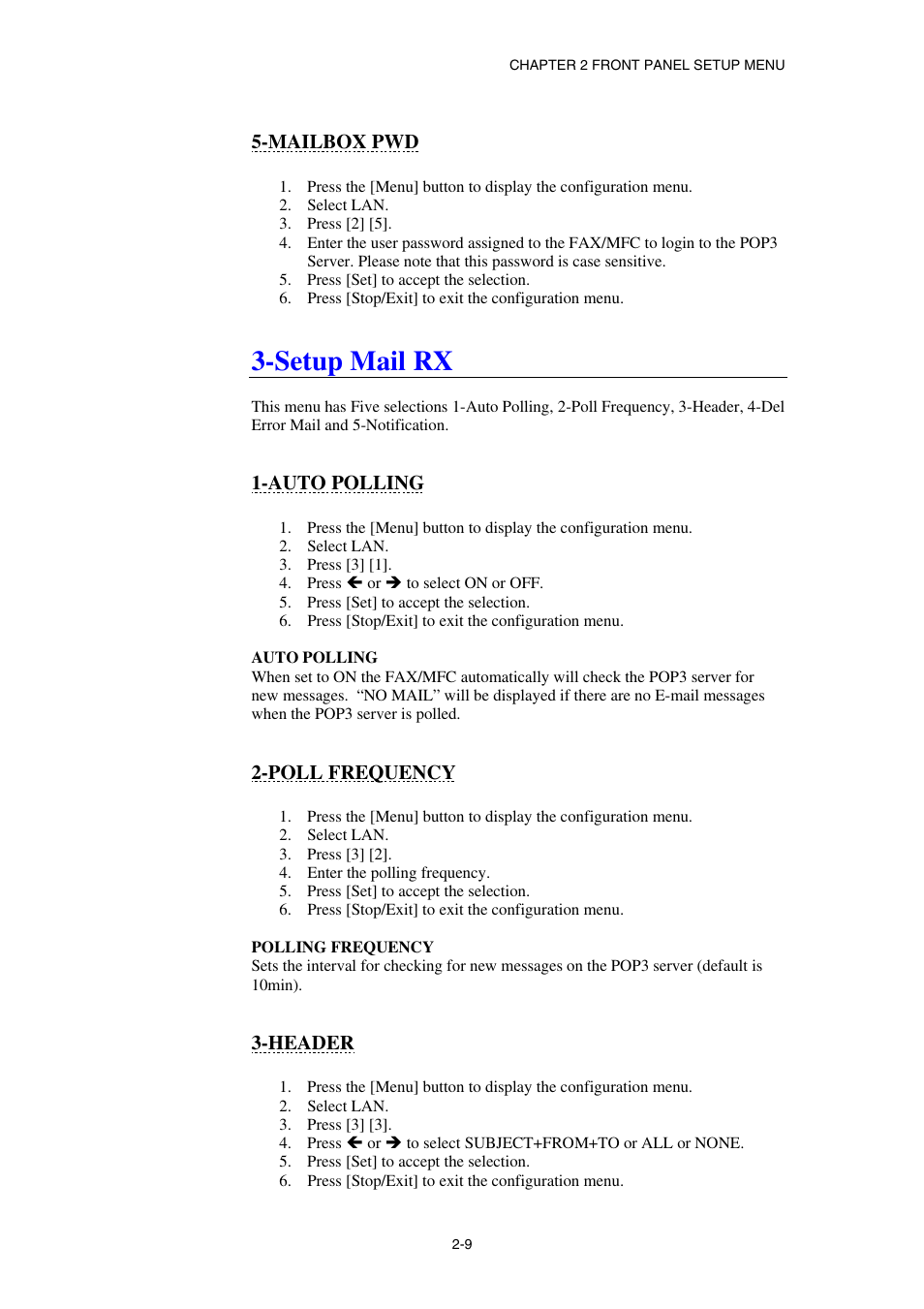 Mailbox pwd, Setup mail rx, Auto polling | Poll frequency, Header | Brother NC8100H User Manual | Page 32 / 181