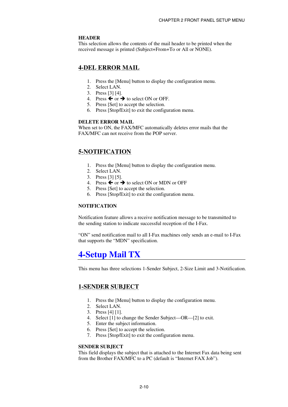 Del error mail, Notification, Setup mail tx | Sender subject | Brother NC8100H User Manual | Page 33 / 181