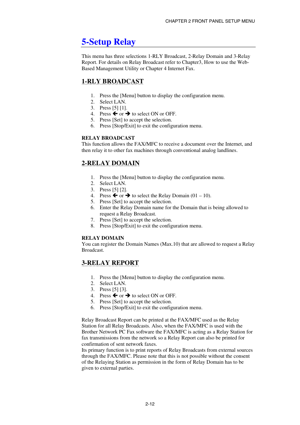 Setup relay, Rly broadcast, Relay domain | Relay report | Brother NC8100H User Manual | Page 35 / 181