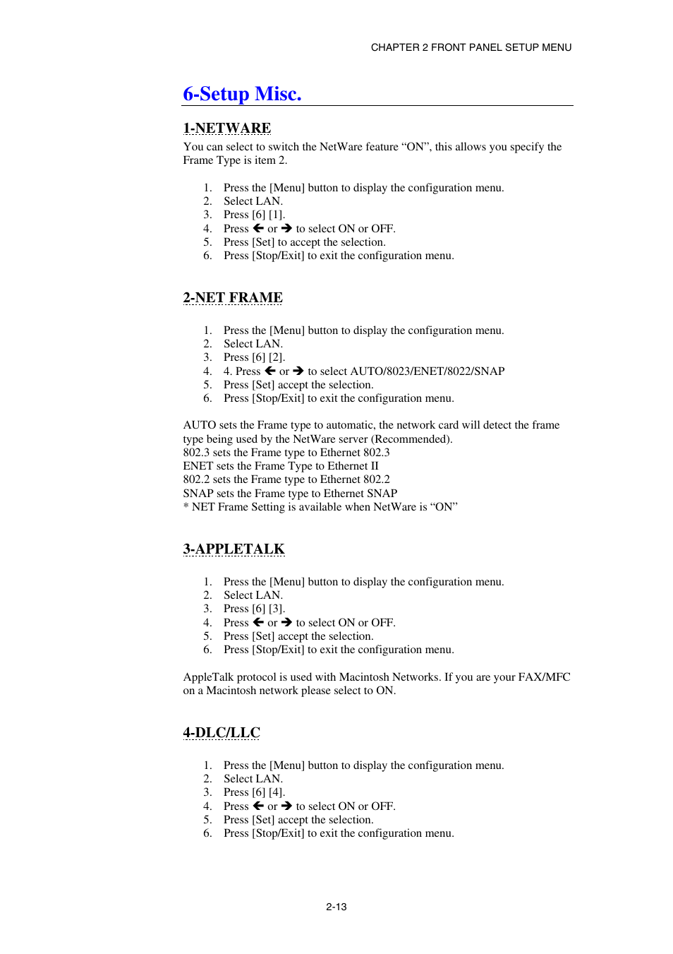 Setup misc, Netware, Net frame | Appletalk, Dlc/llc | Brother NC8100H User Manual | Page 36 / 181