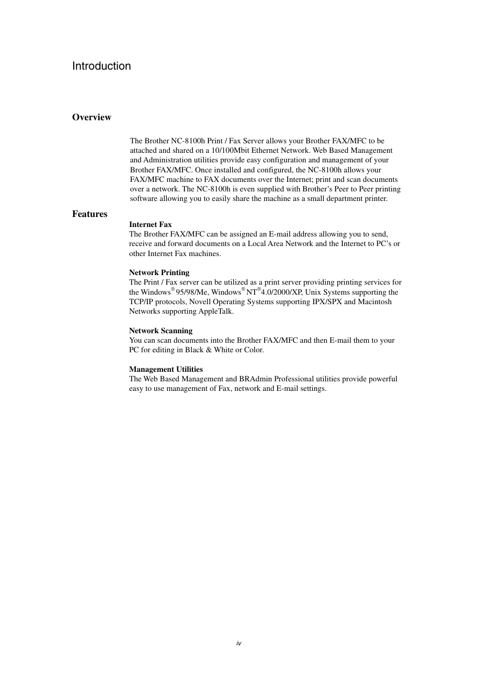 Overview, Features, Introduction | Brother NC8100H User Manual | Page 4 / 181