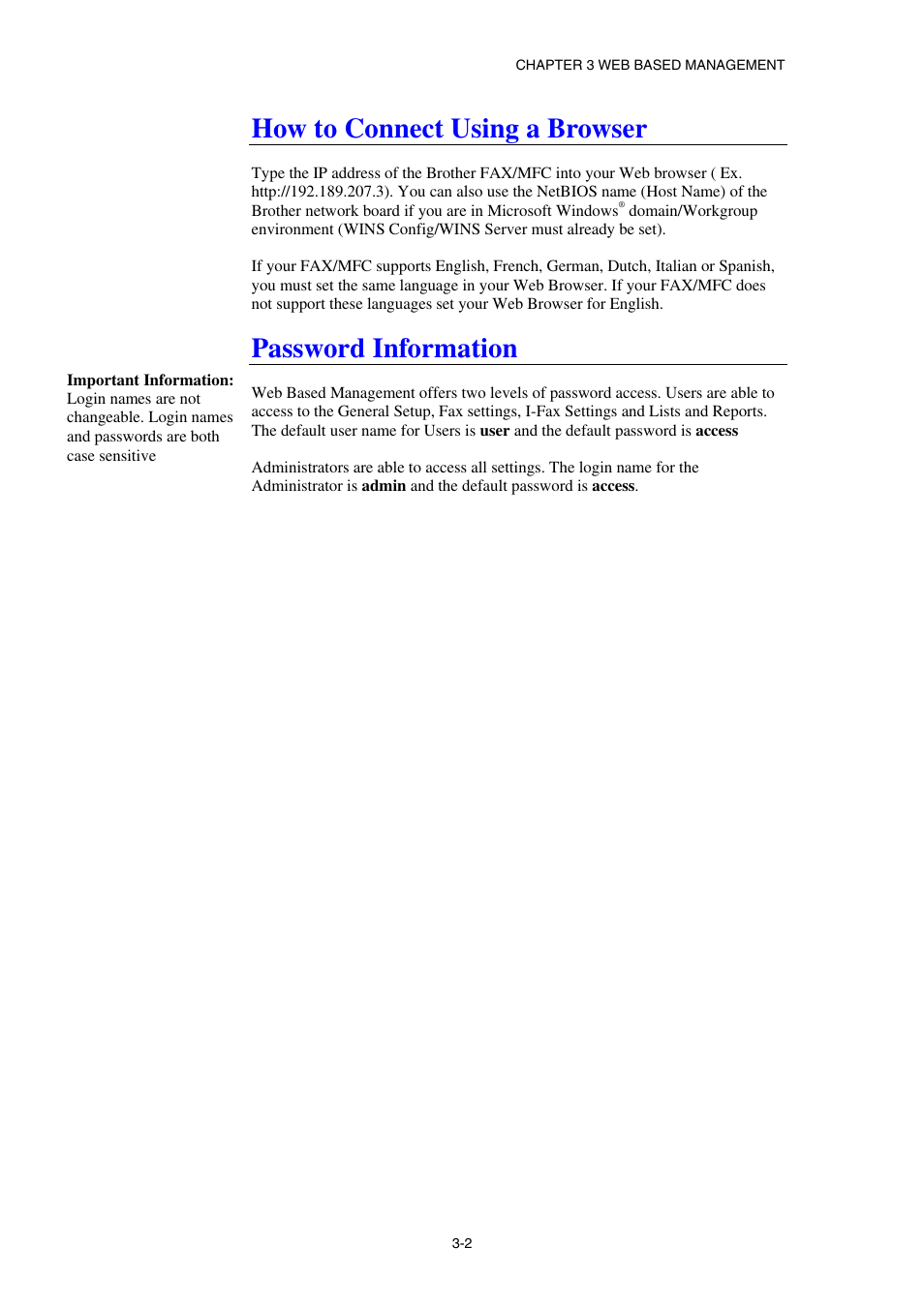 How to connect using a browser, Password information | Brother NC8100H User Manual | Page 40 / 181