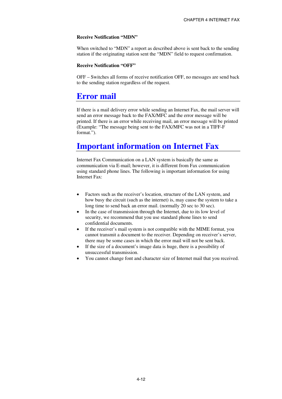 Error mail, Important information on internet fax | Brother NC8100H User Manual | Page 52 / 181