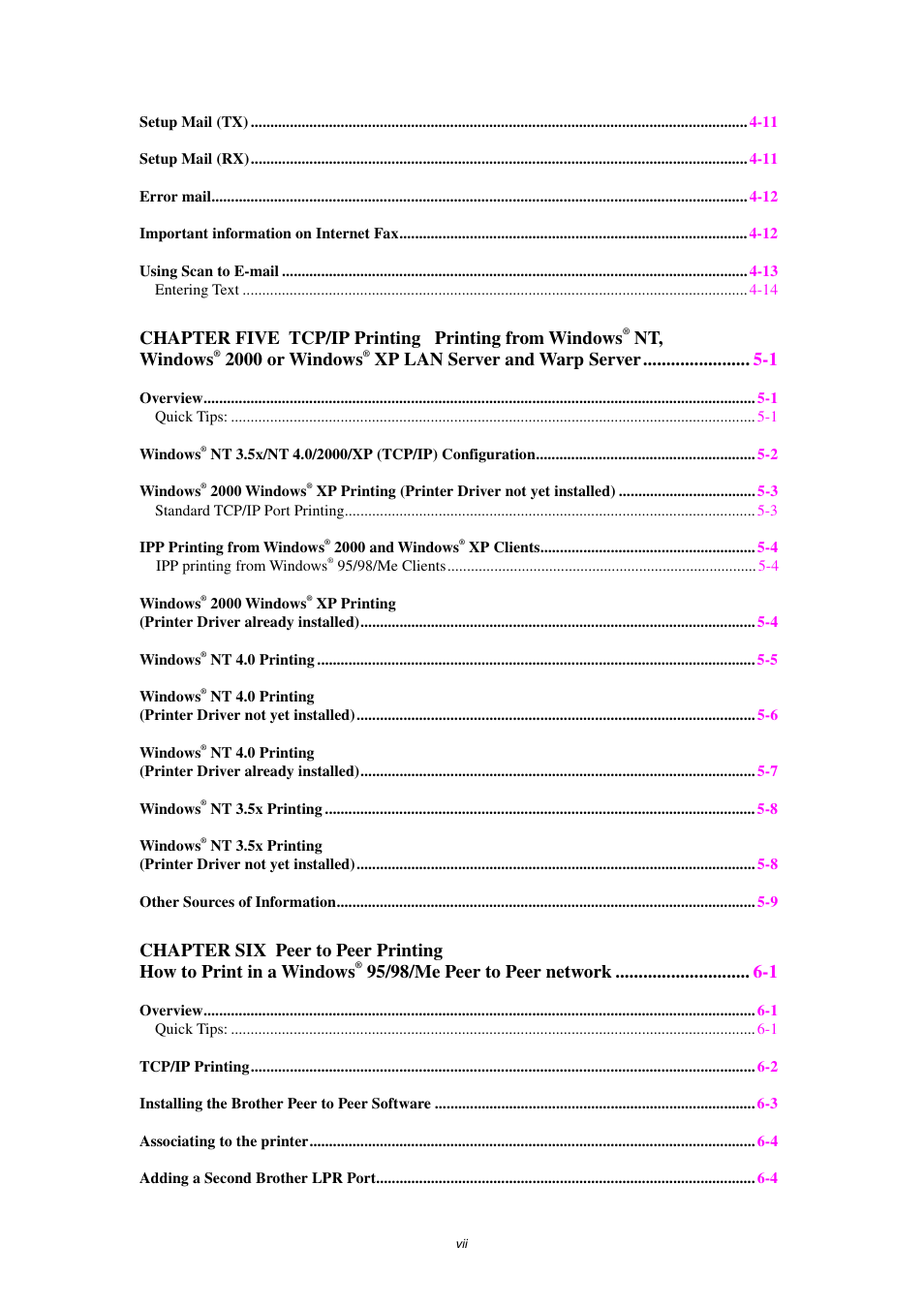Chapter five tcp/ip printing printing from windows, Nt, windows, 2000 or windows | Xp lan server and warp server -1 | Brother NC8100H User Manual | Page 7 / 181