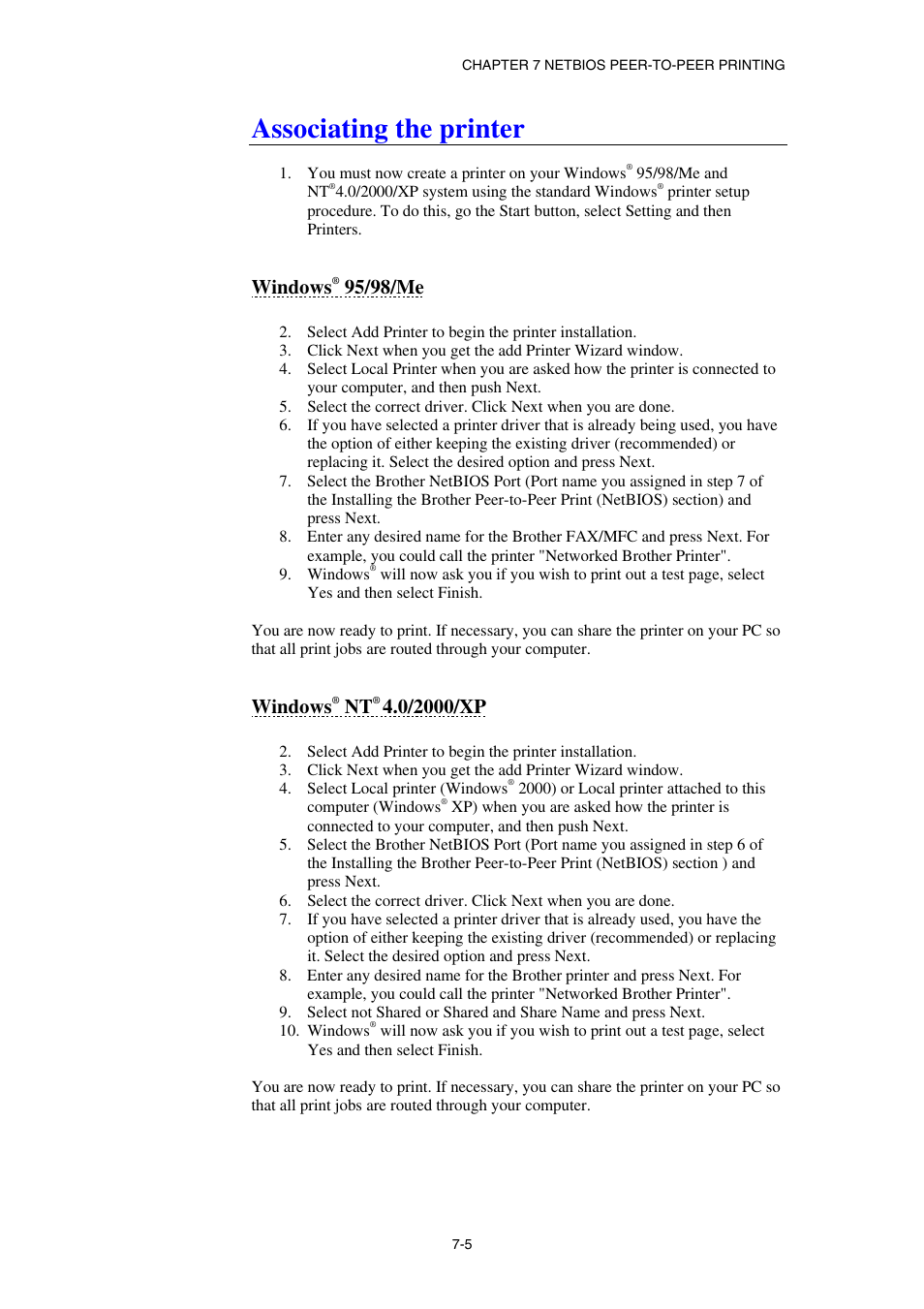 Associating the printer, Windows ® 95/98/me, Windows ® nt ® 4.0/2000/xp | Windows, 95/98/me, 0/2000/xp | Brother NC8100H User Manual | Page 74 / 181