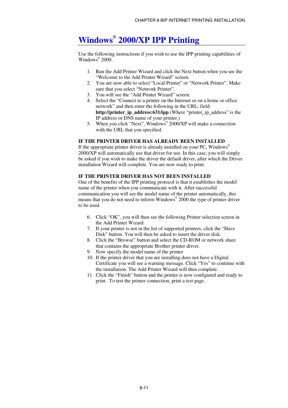 Windows ® 2000/xp ipp printing, Windows, 2000/xp ipp printing | Brother NC8100H User Manual | Page 86 / 181