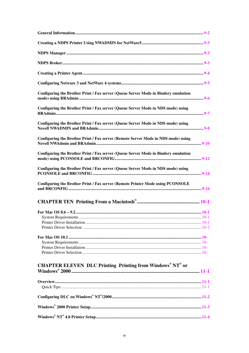 Chapter ten printing from a macintosh, Chapter eleven dlc printing printing from windows, Or windows | Brother NC8100H User Manual | Page 9 / 181