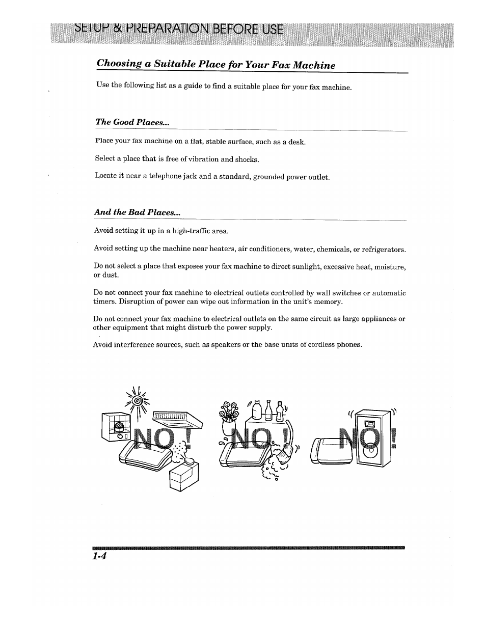 Choosing a suitable place for your fax machine | Brother Fax-615 User Manual | Page 12 / 108