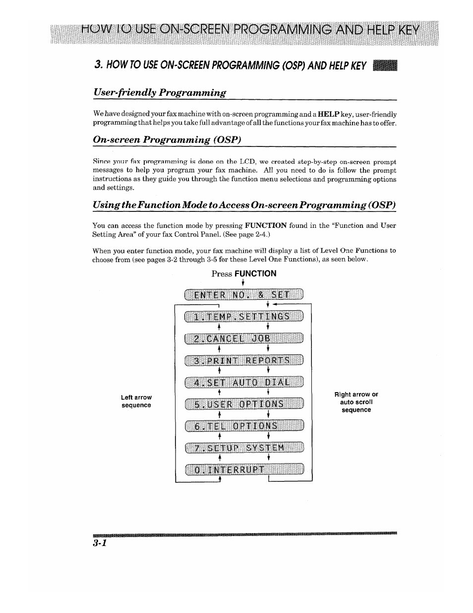 User-friendly programming, On-screen programming (osp), Press function | Iitiiiafliiikmiiiiiii, 1 2.cancel, Iiiliiliiwirlmiilibilifi, Tltibilcibslsgifllml, Sliiliilliliilim | Brother Fax-615 User Manual | Page 22 / 108