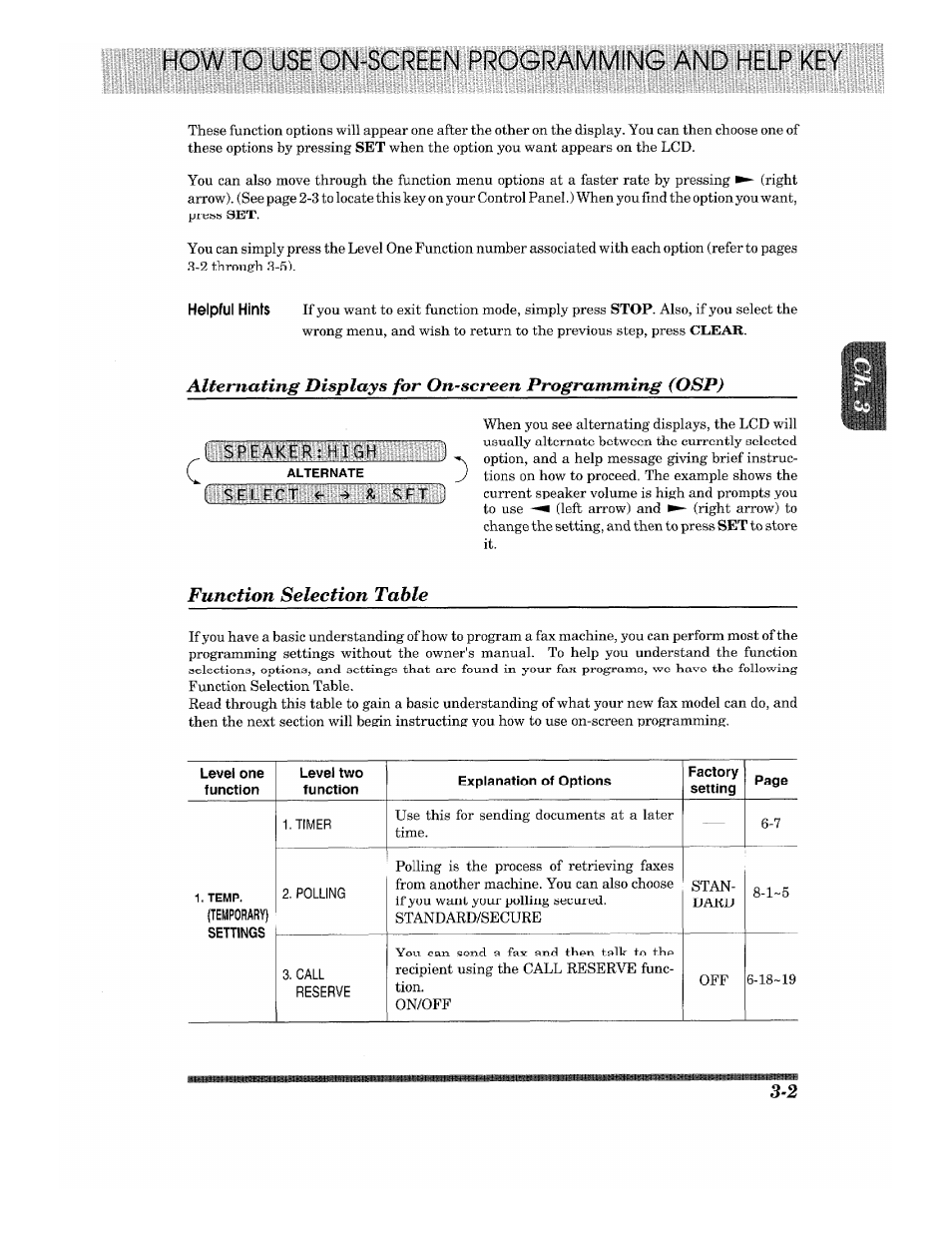 Function selection table | Brother Fax-615 User Manual | Page 23 / 108
