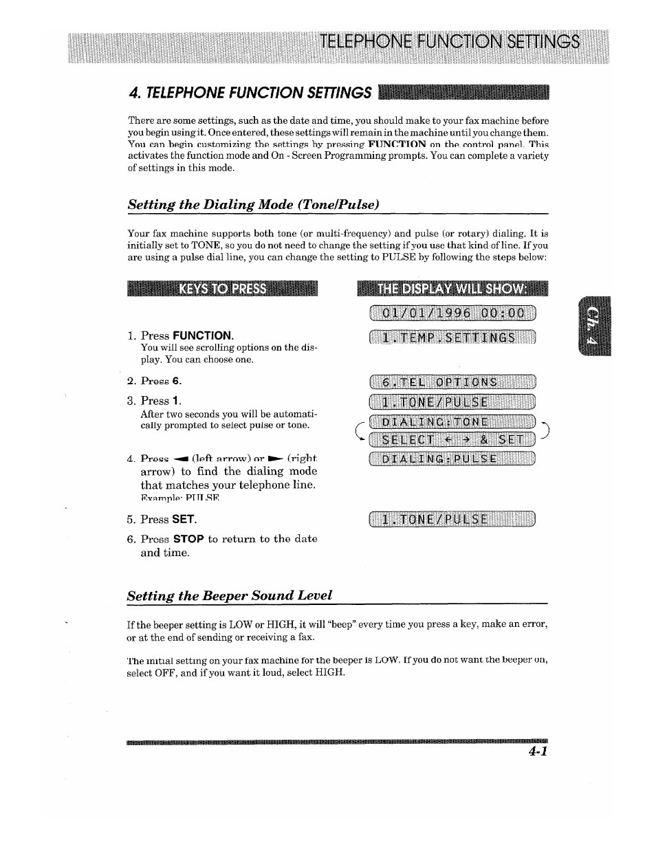 Kswplii, Setting the dialing mode (tonefpulse) | Brother Fax-615 User Manual | Page 31 / 108