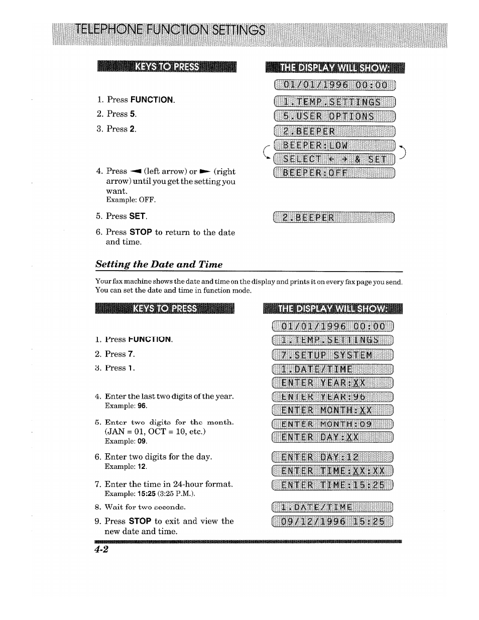 The display will show, Setting the date and time, Lilimliiiiaiiimiiigimi | Liiililiililmiilbijiiil, Siaibmiiiiiiiiiiiiiiiifiii, Ipitgigibhieiiliigis, Msilsiasrittklii | Brother Fax-615 User Manual | Page 32 / 108