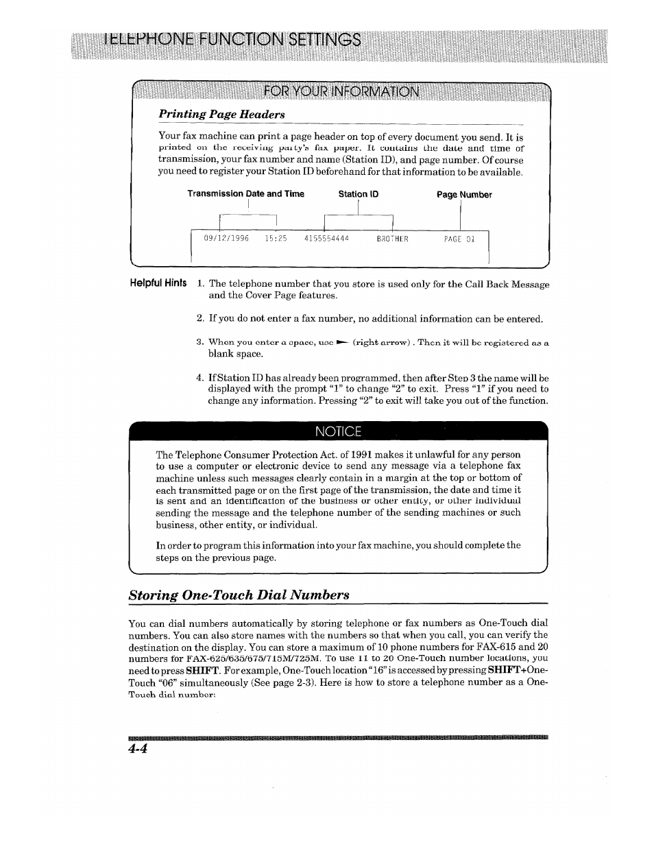 Storing one-touch dial numbers, Itlhphone function for your information | Brother Fax-615 User Manual | Page 34 / 108