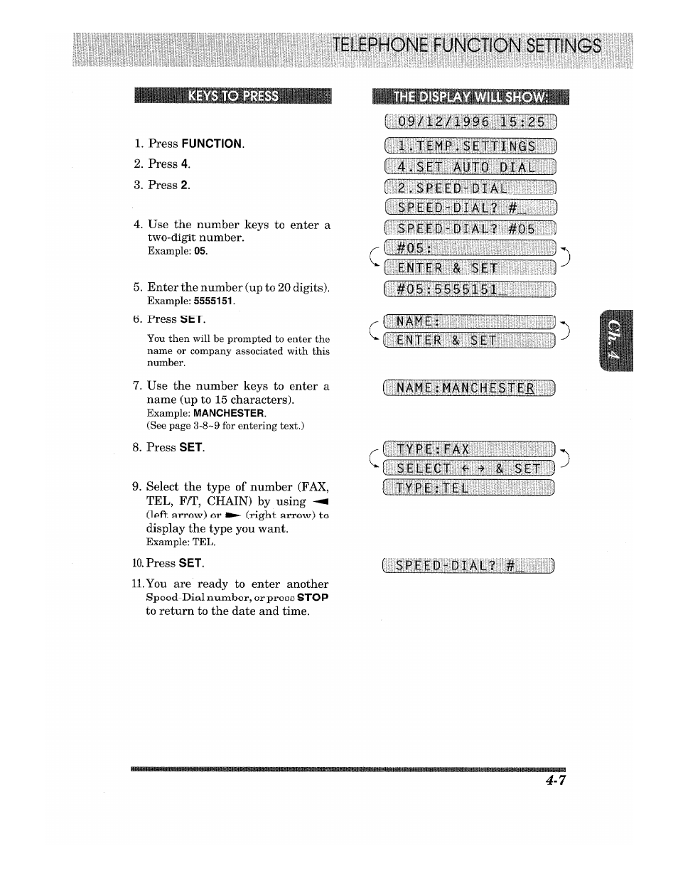 Keys to press, Press function, The display will show | R enter &_set, Ilijfiibihif el | Brother Fax-615 User Manual | Page 37 / 108