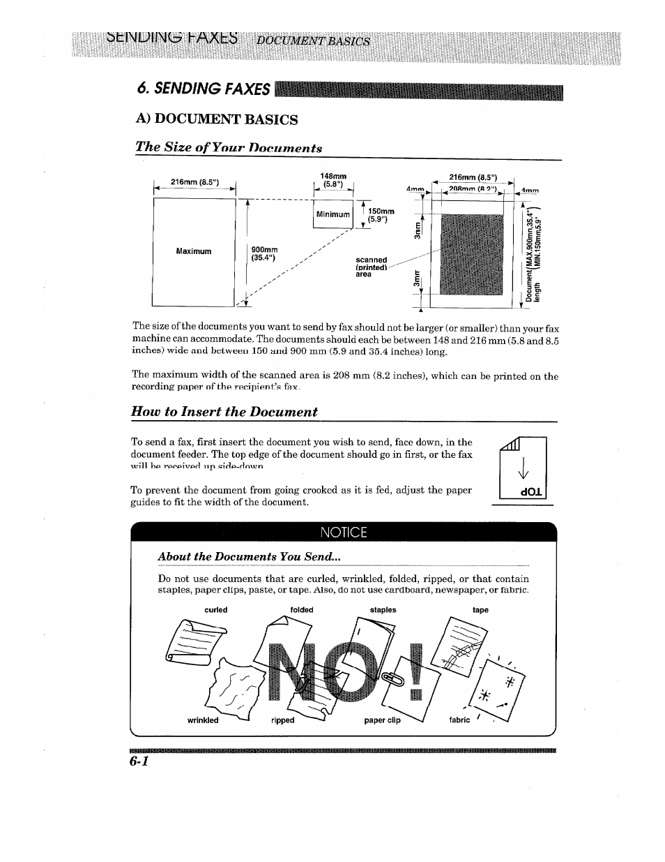 The size of your documents, How to insert the document, A) document basics the size of your documents | Sending faxes | Brother Fax-615 User Manual | Page 42 / 108