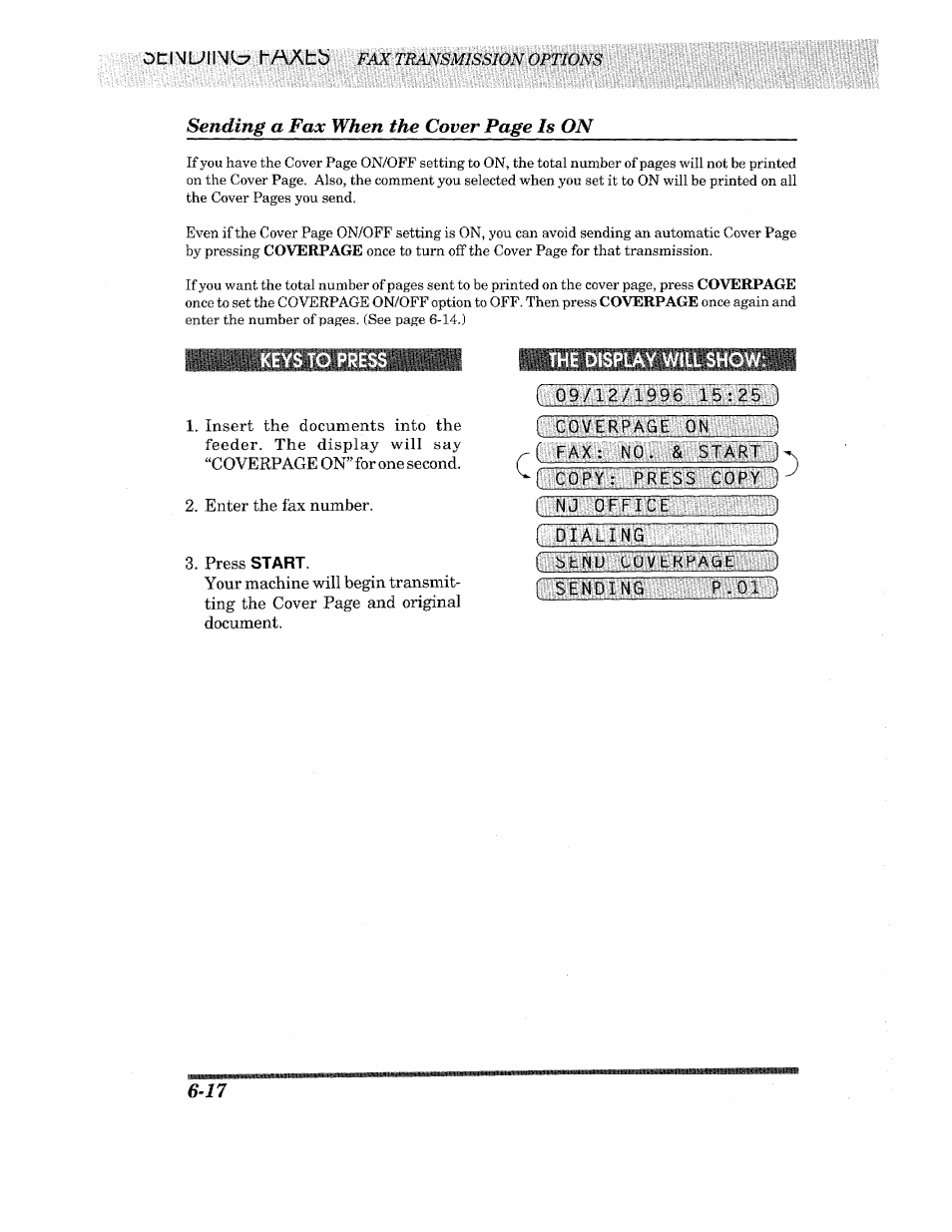 The display will show, Copy: prrss copy~~i, Nj office | Brother Fax-615 User Manual | Page 58 / 108