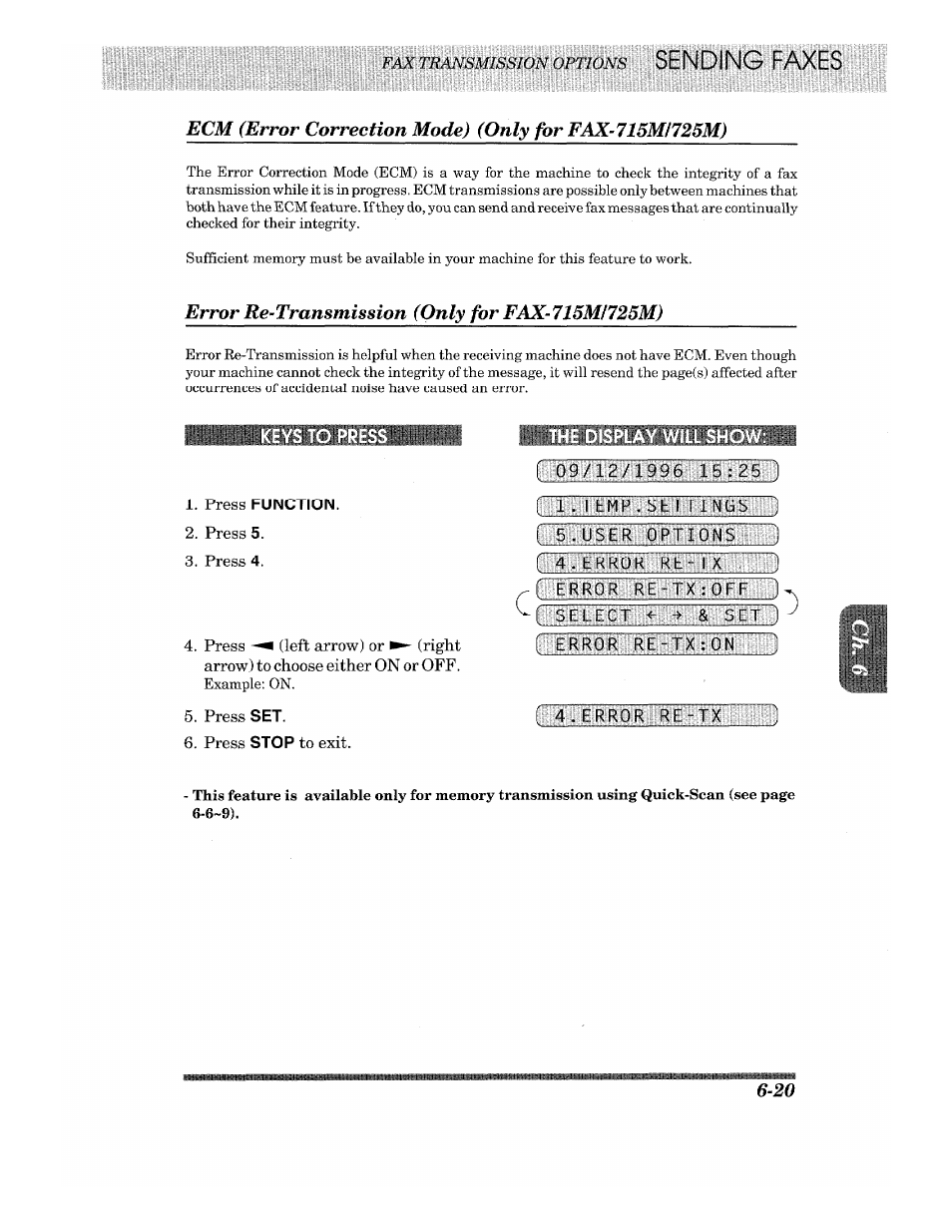 Error re-transmission (only for fax-715mi725m), Press function | Brother Fax-615 User Manual | Page 61 / 108