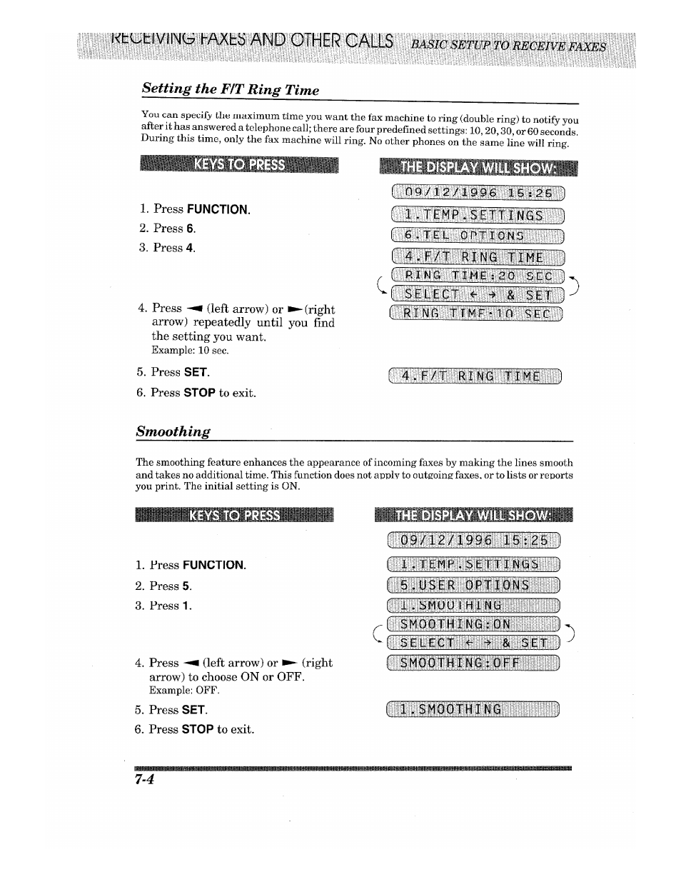 Setting the fit ring time, Press function, Fejif | Smoothing, I l.smoothing | Brother Fax-615 User Manual | Page 66 / 108