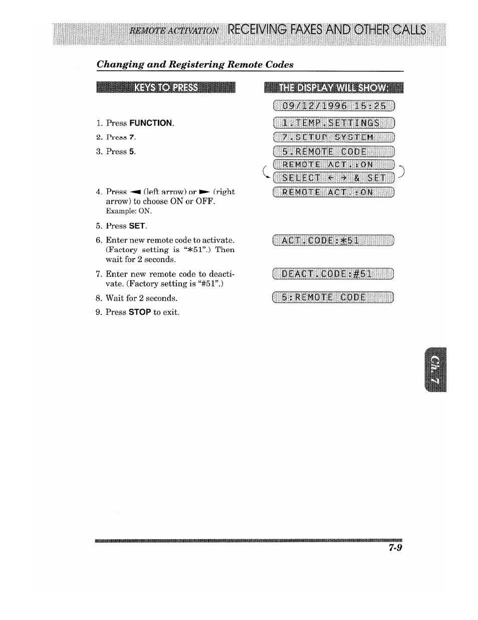 Changing and registering remote codes, Press function, The display will show | Brother Fax-615 User Manual | Page 71 / 108