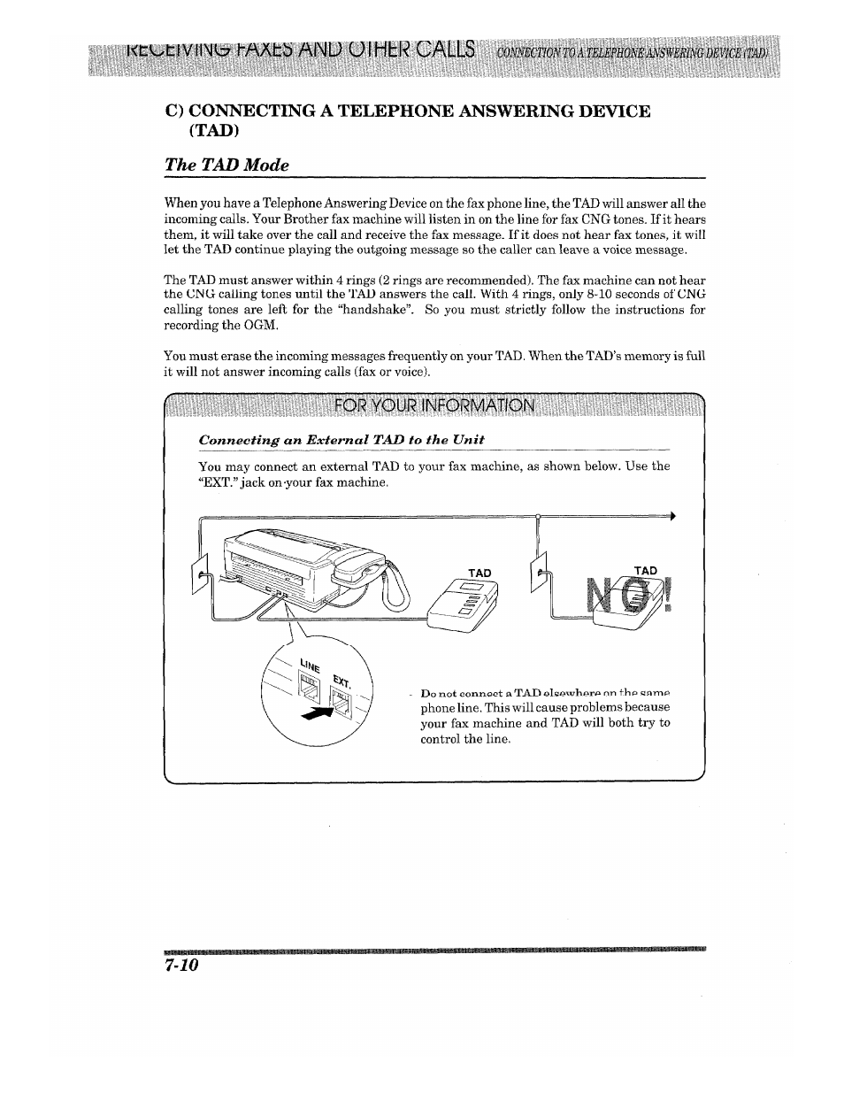 C) connecting a telephone answering device (tad), The tad mode | Brother Fax-615 User Manual | Page 72 / 108