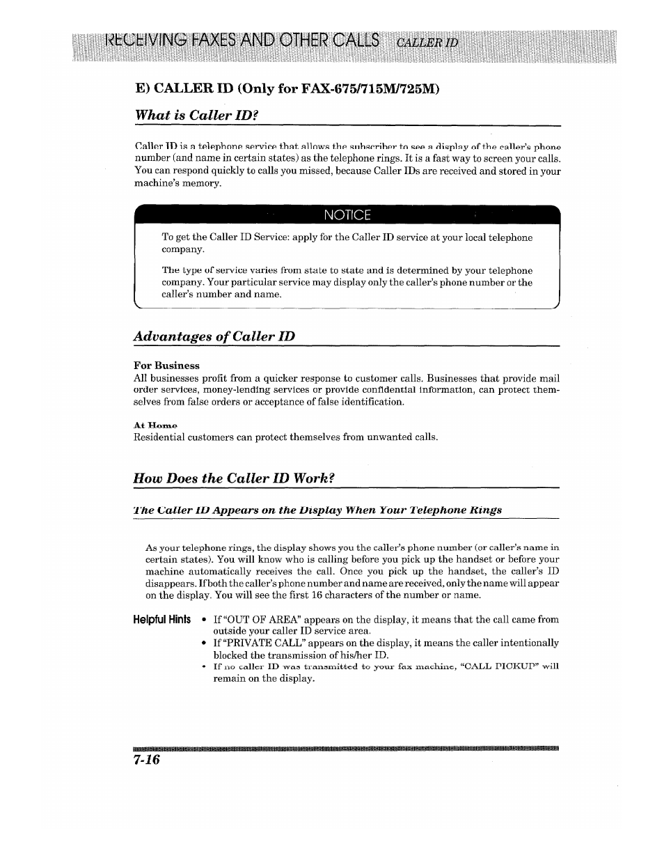 E) caller id (only for fax-675/715m/725m), What is caller id, Advantages of caller id | How does the caller id work, E) caller id (only for fax-675/715m/725m) -16 | Brother Fax-615 User Manual | Page 78 / 108