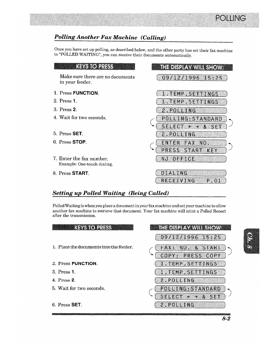 Polling another fax machine (calling), Press function, L 2 . polling | R'nj office, I dialing, Setting up polled waiting (being called), Leiiiiiiiiliiiiiiliil), Iigiiiiiiiiiiiliibli ^ illibiiiiiiiwiiiibii, R~2. pouh ng, I 2.polling | Brother Fax-615 User Manual | Page 83 / 108