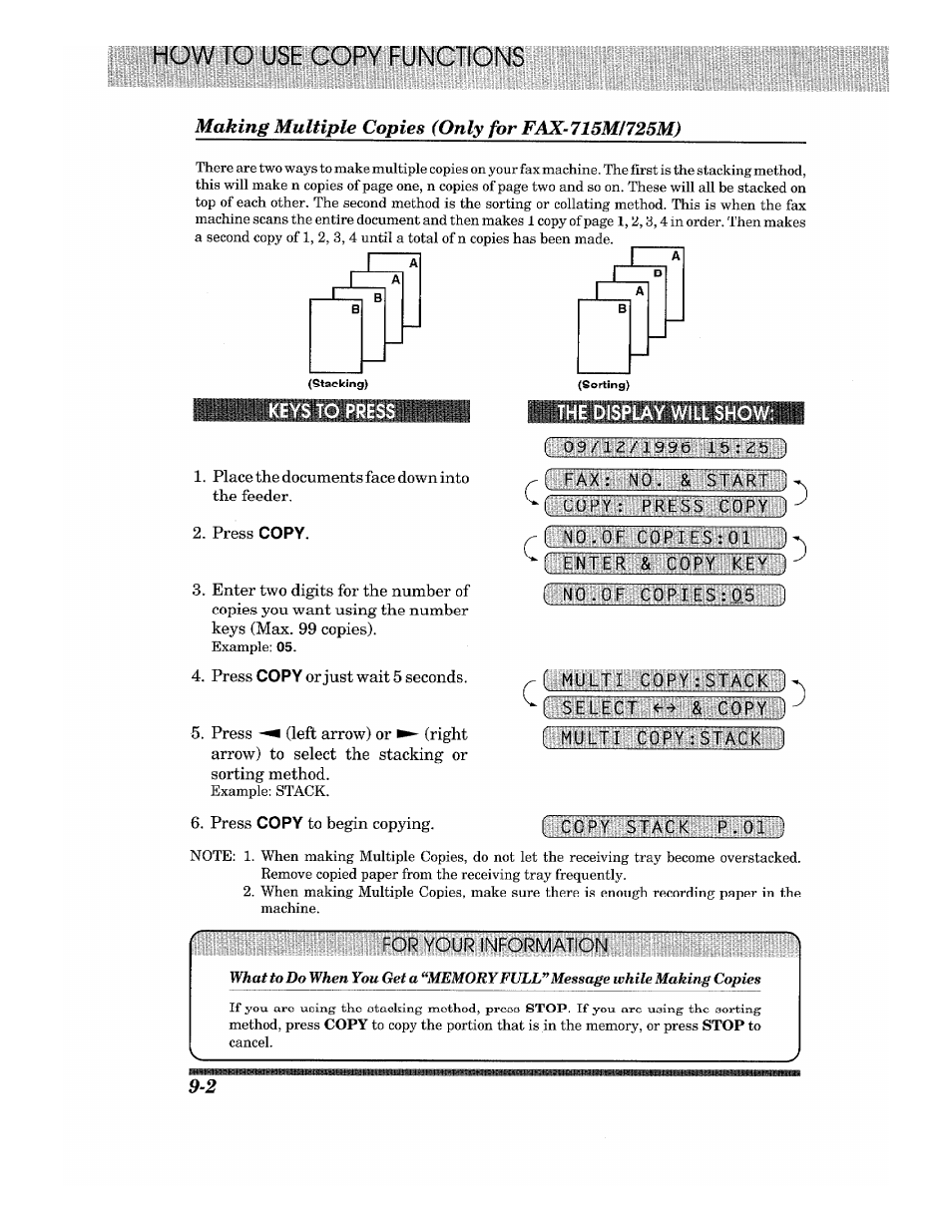 Making multiple copies (only for fax-71smi725m), Making multiple copies (only for fax-715m/725m) -2 | Brother Fax-615 User Manual | Page 88 / 108
