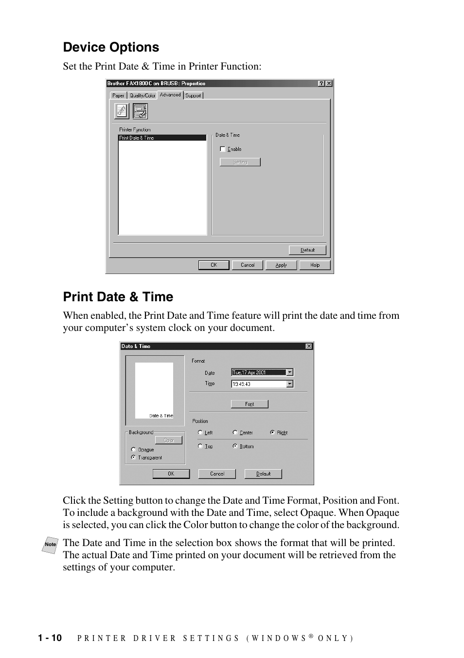 Device options, Print date & time, Device options -10 print date & time -10 | Brother IntelliFax FAX-1800C User Manual | Page 15 / 40