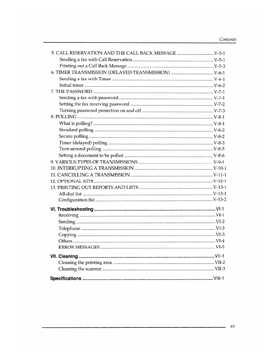 Vi. troubleshooting ....vi-1, Specifications vlll-1 | Brother FAX-400 User Manual | Page 101 / 132