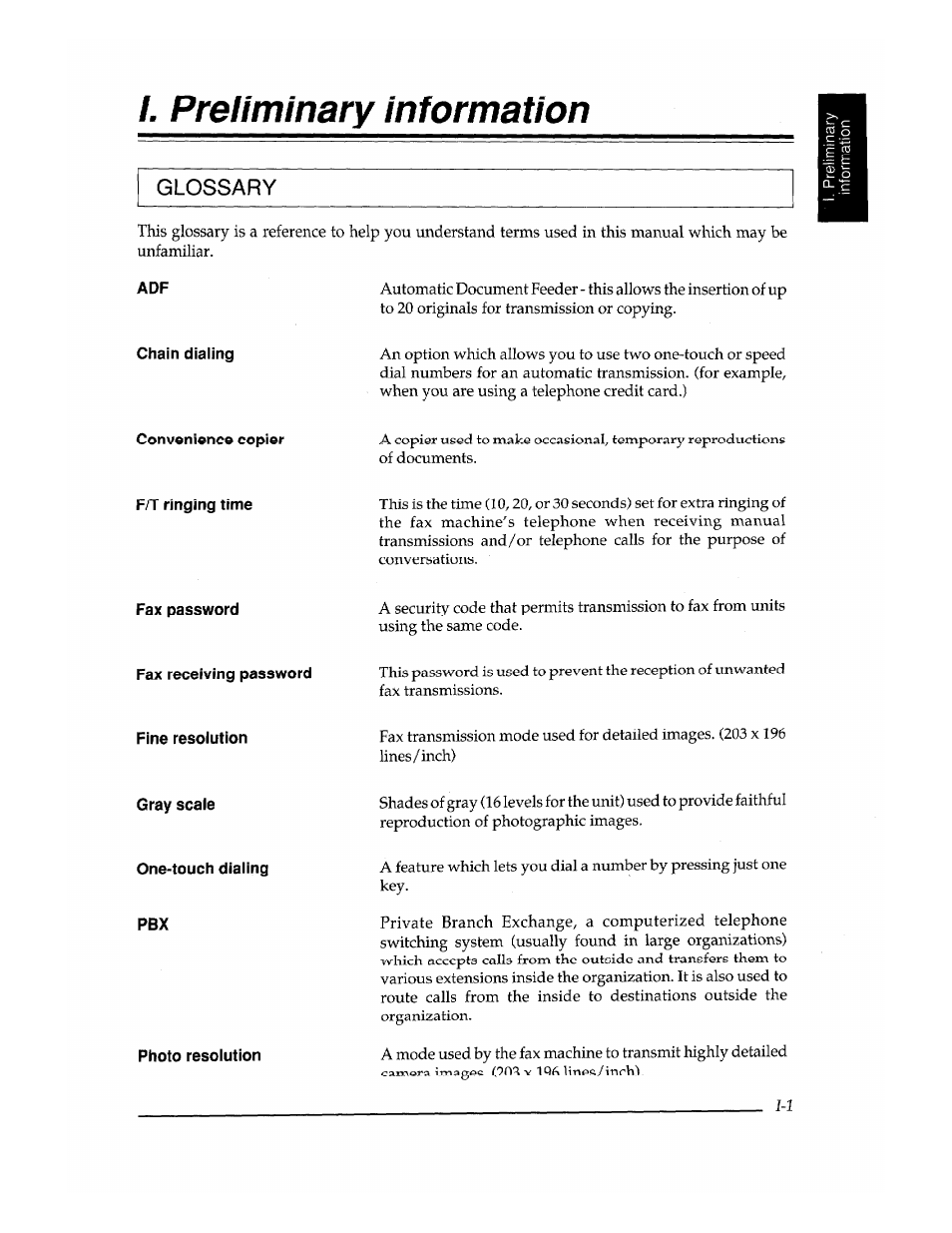 Chain dialing, F/t ringing time, Fax password | Fax receiving password, Fine resolution, Gray scale, One-touch dialing pbx, Photo resolution, Preliminary information | Brother FAX-400 User Manual | Page 103 / 132