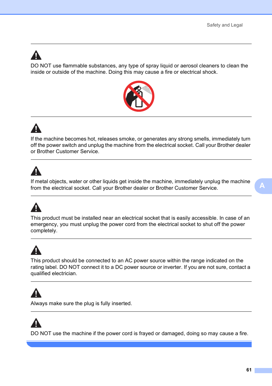 Always make sure the plug is fully inserted, Safety and legal 61 | Brother DCP-585CW User Manual | Page 69 / 126