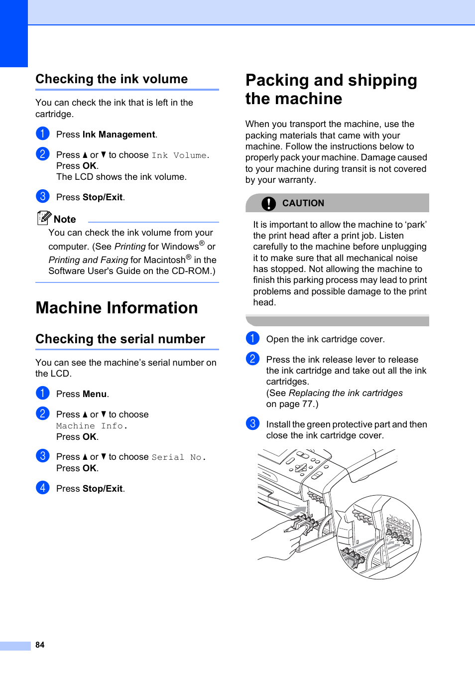 Checking the ink volume, Machine information, Checking the serial number | Packing and shipping the machine | Brother DCP-585CW User Manual | Page 92 / 126
