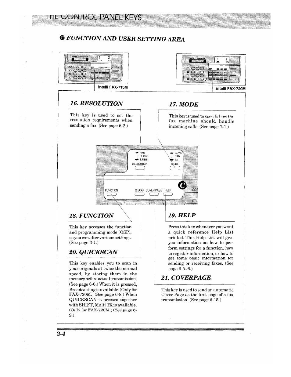Function and user setting area, Resolution 17. mode, 20, quickscan | Coverpage | Brother INTELLIFAX 710M User Manual | Page 16 / 92