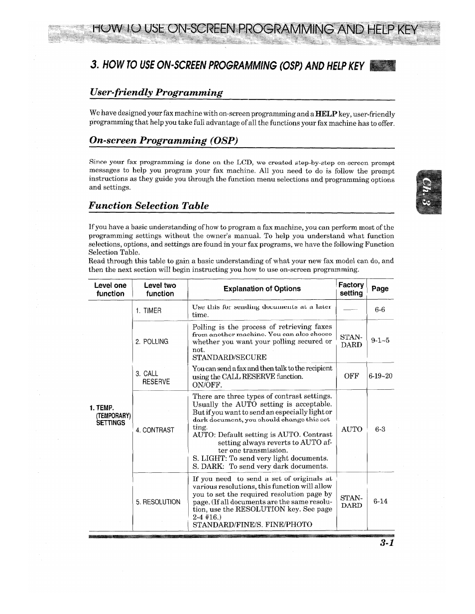 User-friendly programming, On-screen programming (osp), Function selection table | Brother INTELLIFAX 710M User Manual | Page 17 / 92