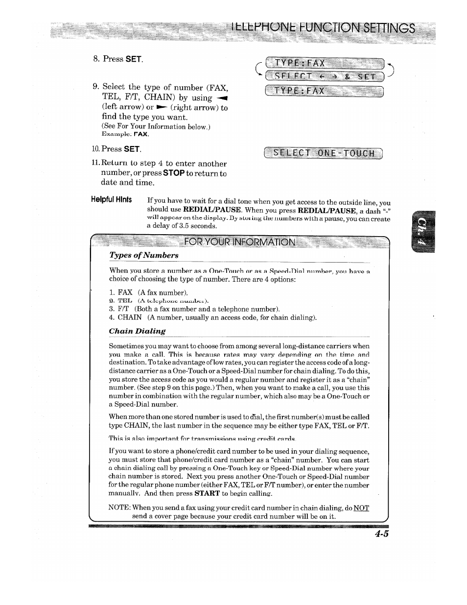 Ibltphonb bunction settings, Type:fax, Type: fax | Fbsl-fcict on$.-touca, For your information, Telephone function settings | Brother INTELLIFAX 710M User Manual | Page 29 / 92