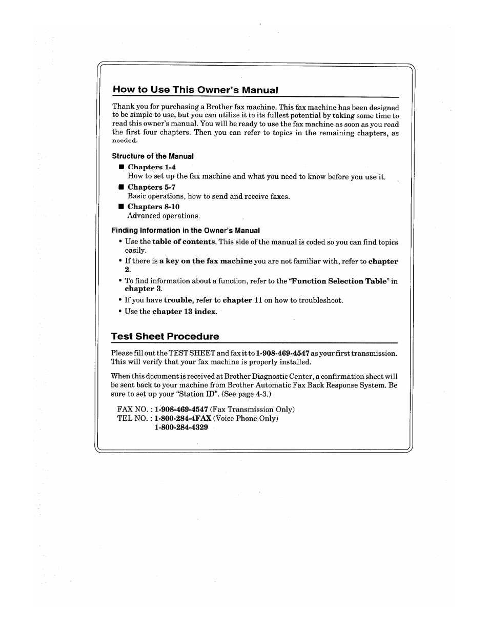 How to use this owner’s manual, Test sheet procedure | Brother INTELLIFAX 710M User Manual | Page 3 / 92