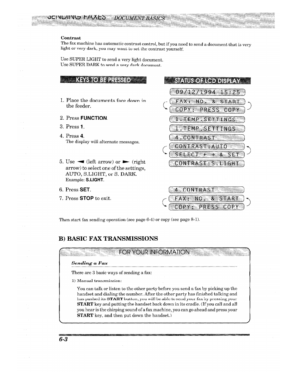 Ocin ul imvz7 f-aatb docnment basics, Keys to be pressed, Press function | 6qfwj u, Iftemftcjmings ), R~4. contrast, Fax: no. & start f copy : copt'l, B) basic fax transmissions, For your information, B) basic fax transmissions -3 | Brother INTELLIFAX 710M User Manual | Page 36 / 92