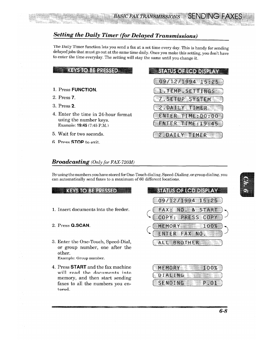 Keys to be pressed, Atus of lcd display, Press function | I q;a/’rg7199 4'- - j 53 €s, A:tuf t'f-m, Status of lcd display, Iicopy: i press copy) fttemory 10w~i, Eniir fax no. ~j), F memory, Zizd | Brother INTELLIFAX 710M User Manual | Page 41 / 92