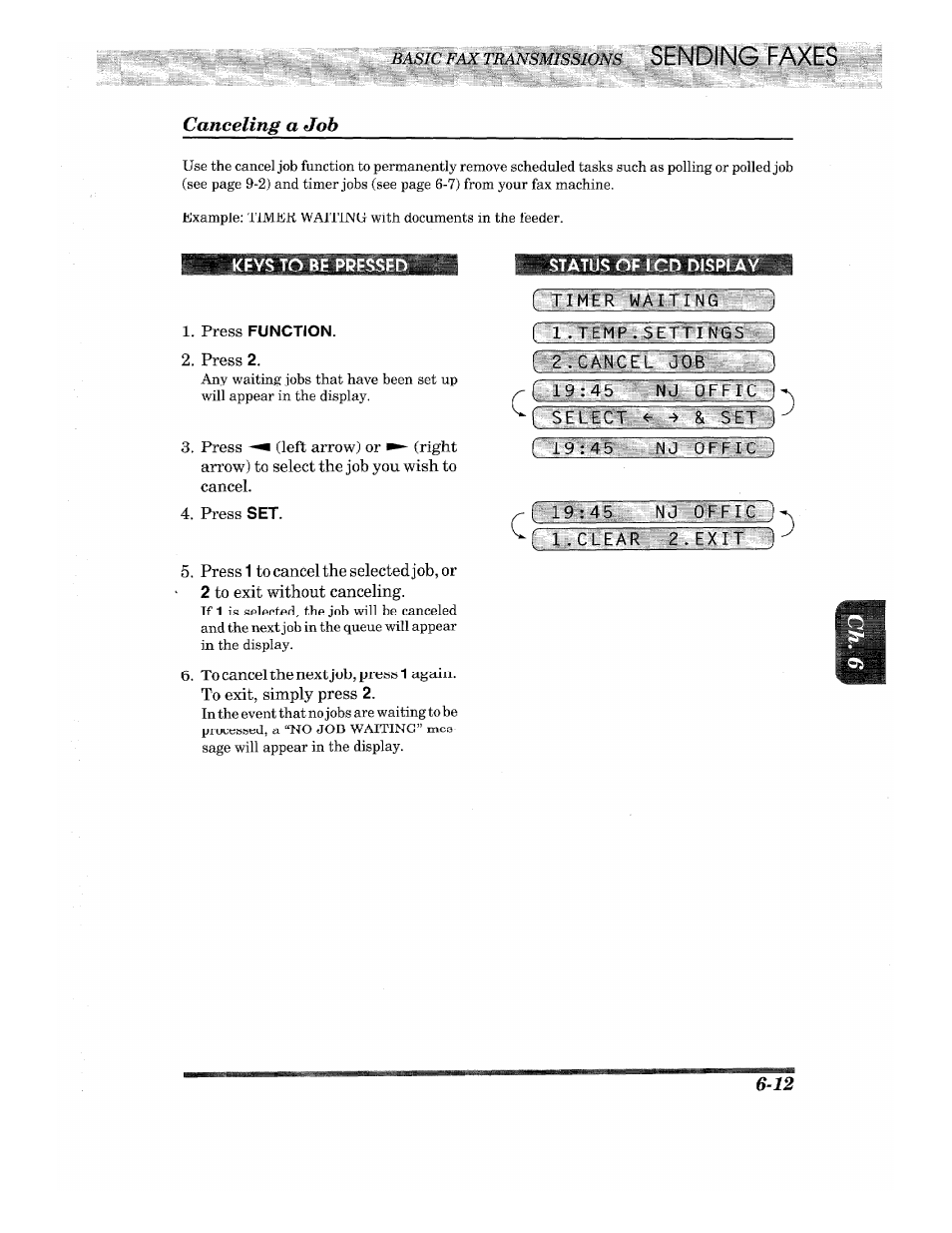 Press function, 2, press 2, Press set | Timer waitt, R l.temp.setti, Cancel job, Nj- o'ffic ' t tmi egear-.;^ . exlt, Canceling a job -12, Faxes | Brother INTELLIFAX 710M User Manual | Page 45 / 92