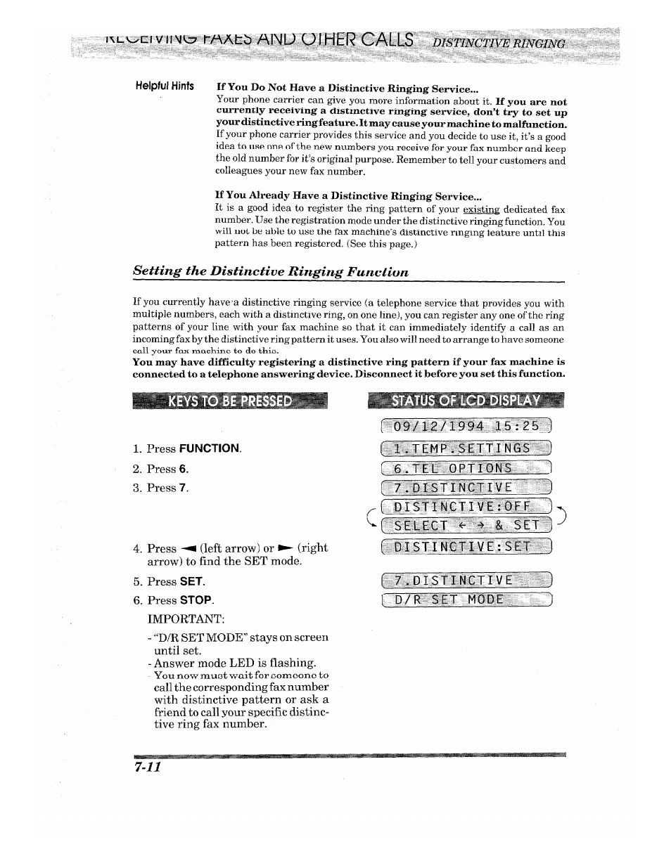 Press function, Status of lcd display, F: £: tempfstttj | Gistinfixjvlfofftu) r .geuect % fetkl, Disxi nctive; seuq, F 7.di$rinctivi, F n/r .set mode ), Uiher calls, Setting the distinctive ringing function | Brother INTELLIFAX 710M User Manual | Page 66 / 92