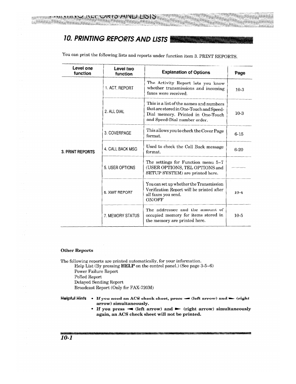 Jo. printing reports and lists, Act. report, All dial | Call back msg, User options, Memory status, Chapterlo, ❖ printing reports and lists, Memory status list -5 | Brother INTELLIFAX 710M User Manual | Page 76 / 92