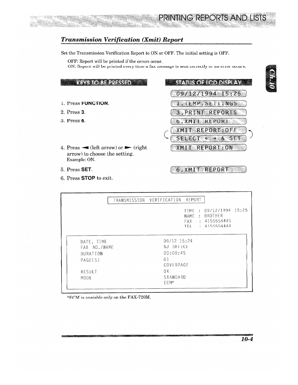 Printing reports and, 09/12/1994 1'5?2s 1, A 'jriltk repoblvn | Xmit 'report, Transmission verification (xmif) report | Brother INTELLIFAX 710M User Manual | Page 79 / 92